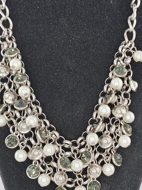 Silver-Tone Pearl & Green Crystal Bib Necklace
